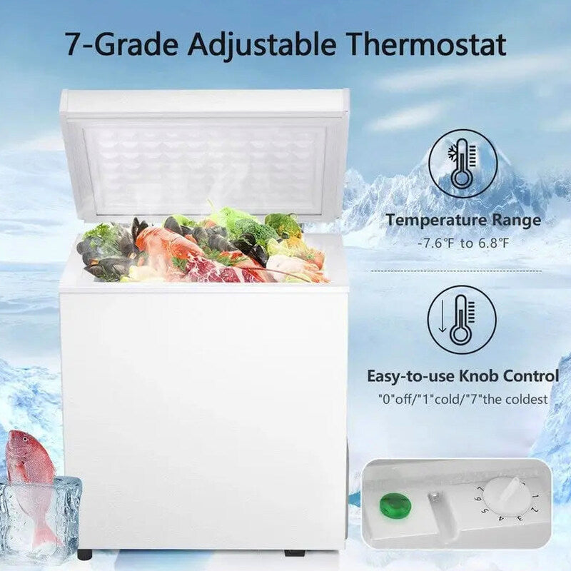Compact Freestanding Chest Freezer, 1.8 Cu. Ft., Bottom Drain, 7-Tier Thermostat Control