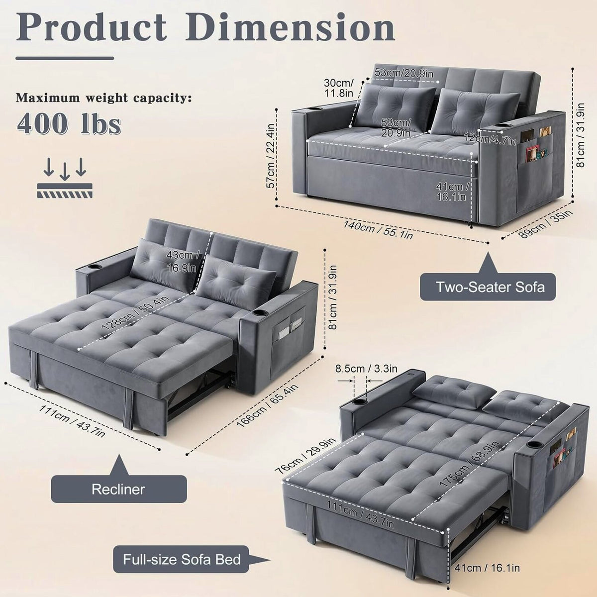 3-in-1 Pull-Out Sofa Bed With Charging Station, Cup Holder And Side Storage - 70in Grey