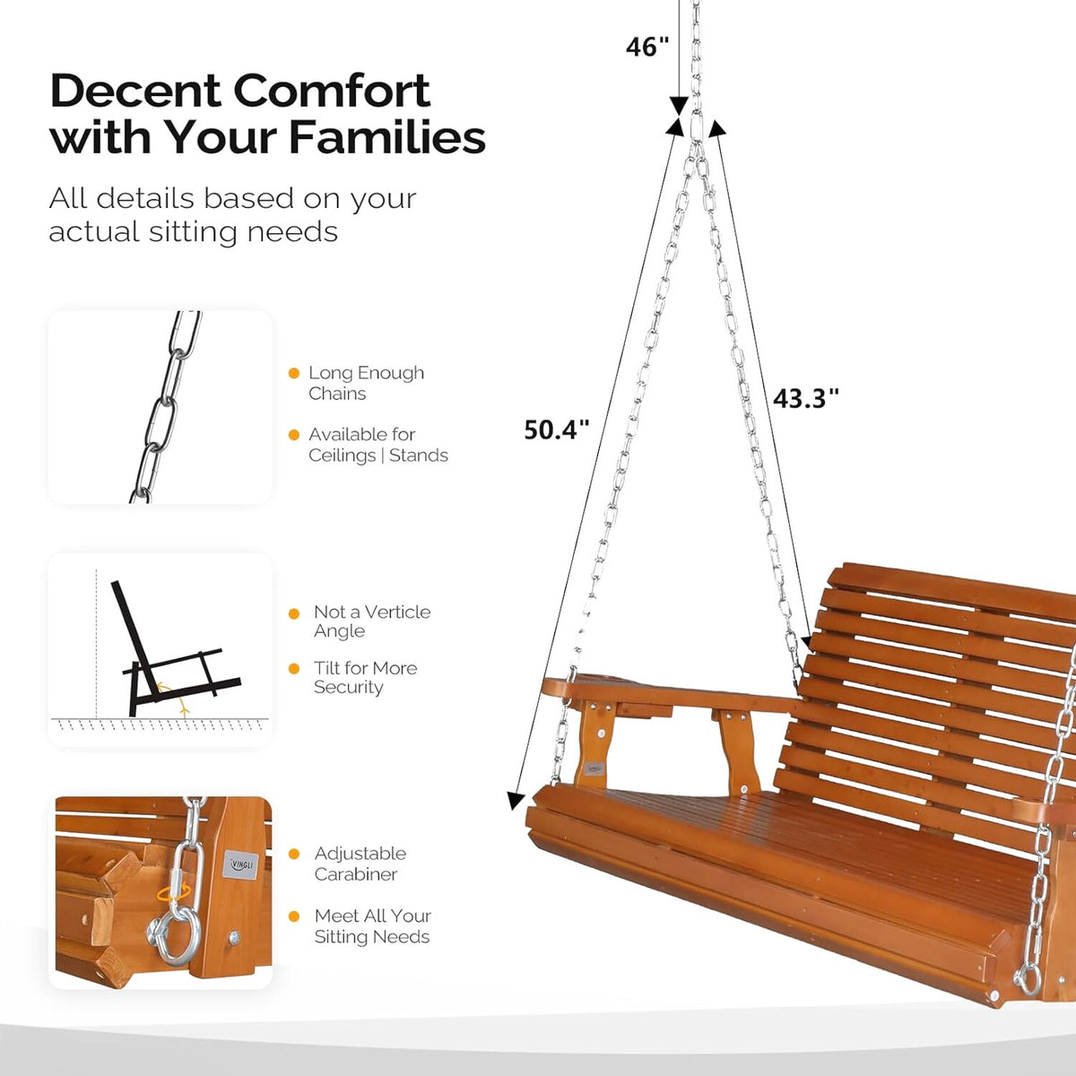 VINGLI Patio Porch Swing Bench With Cup Holders And Phone Slots, 5 FT Pro Brown, 880 LBS