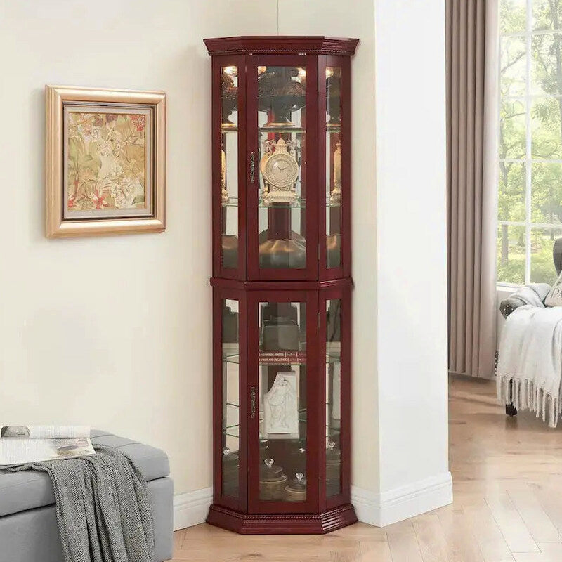 Corner Display Curio Cabinet With Tempered Glass Shelves, Mirrored Back And Built-In Lighting, 69.75H x 21.5W x 16D