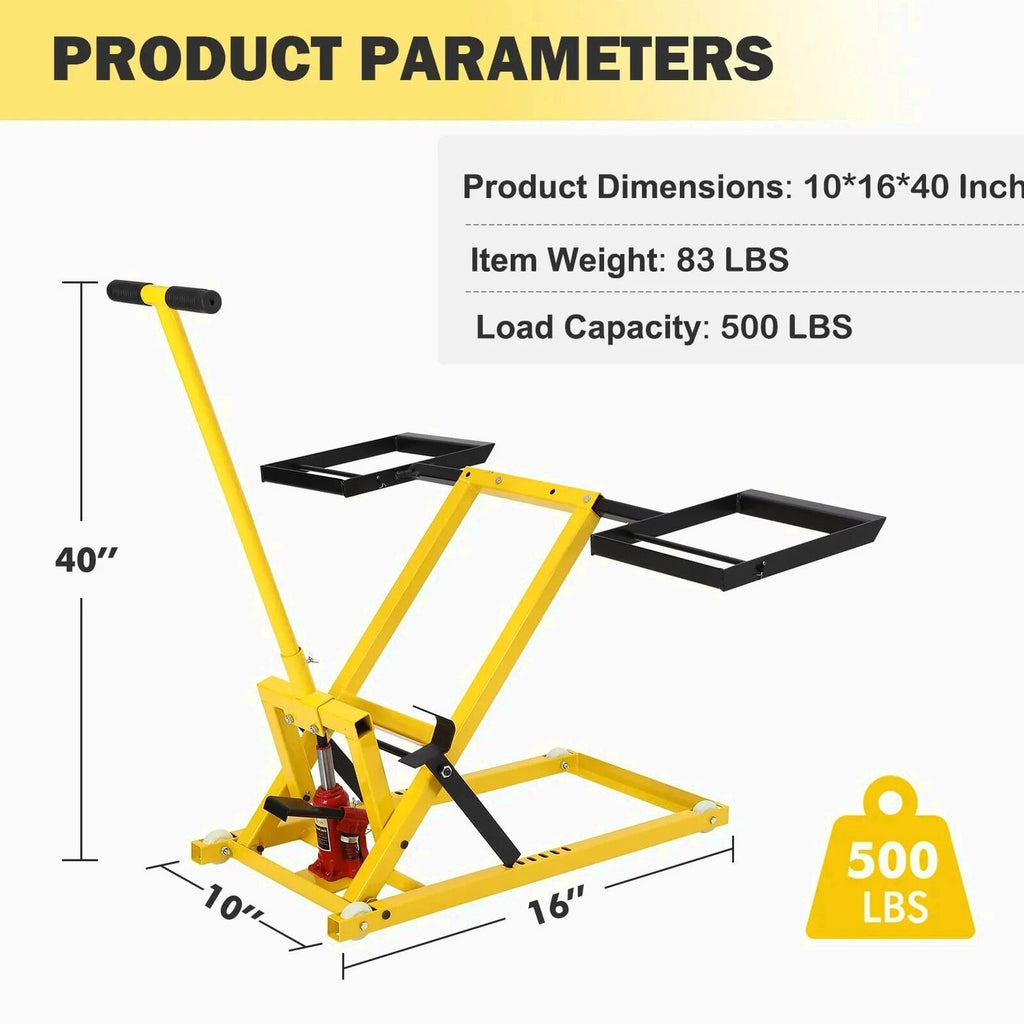 Lawn Mower Lift With Hydraulic Jack, 26 Inches, 500 LBS Capacity, Yellow - PHO_13L5VR2X2L