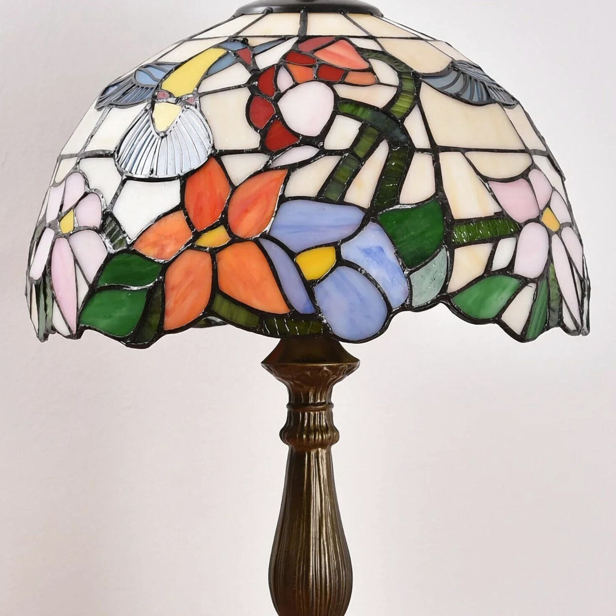 Tiffany Style Stained Glass Hummingbird Table Lamp 12in Shade, 18in Tall