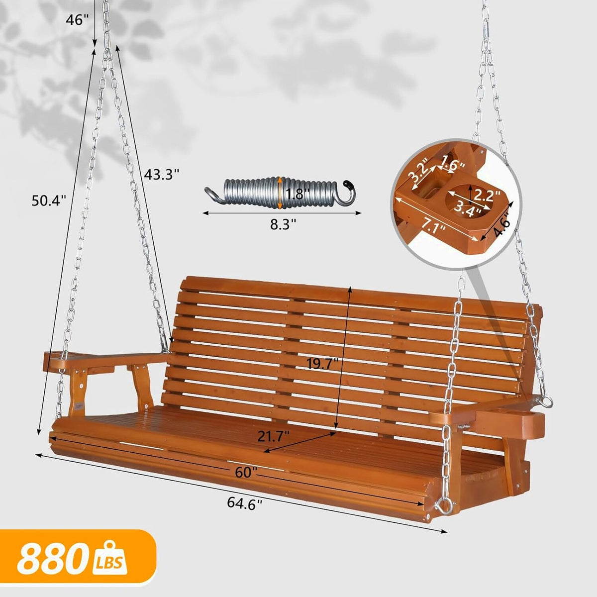 VINGLI Patio Porch Swing Bench With Cup Holders And Phone Slots, 5 FT Pro Brown, 880 LBS