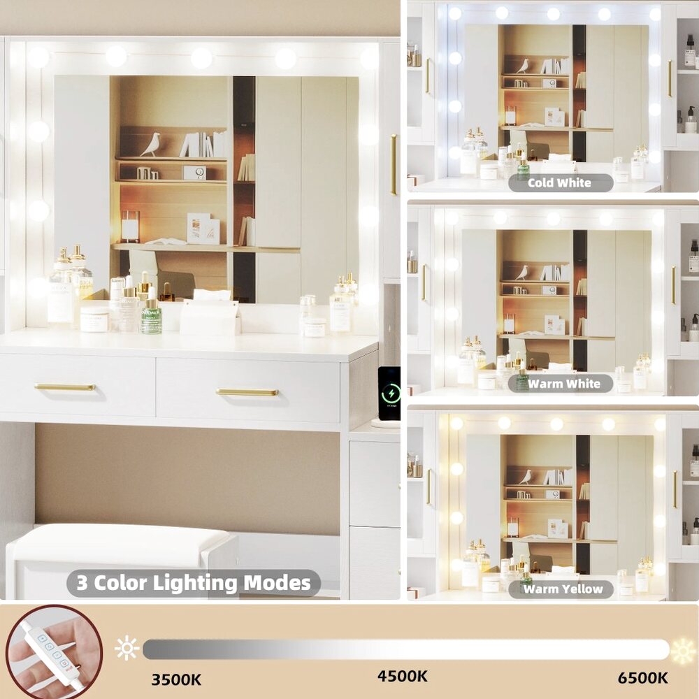 UGTOO LED Makeup Vanity Desk With Mirror, 58.27in, 10 Adjustable LED Bulbs, 8 Drawers, 2 Cabinets, White