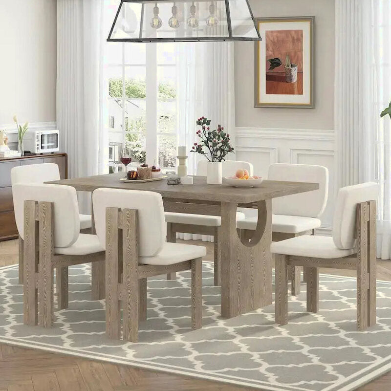 7-Piece Solid Wood Dining Set With Trestle-Base Rectangular Table And 6 Upholstered Chairs