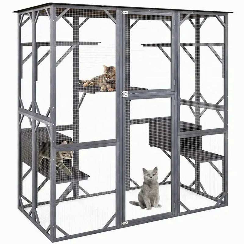 71-Inch Outdoor Wooden Catio Enclosure With 7 Platforms And 2 Condos - Grey