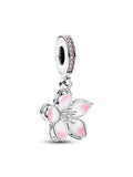 Pink Flower Dangle Charm - Sterling Silver