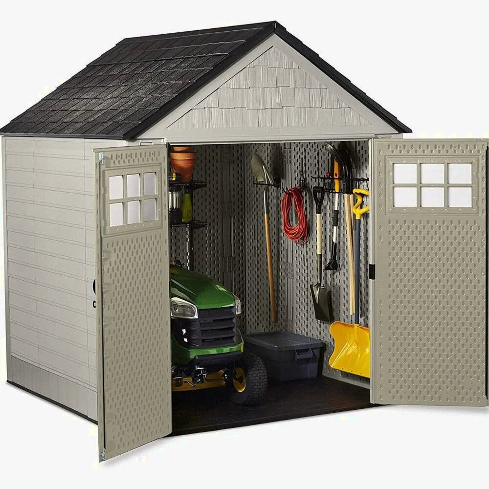 Rubbermaid Resin Outdoor Garden Storage Shed With Windows And Utility Hooks, Sand - 7x7 Ft