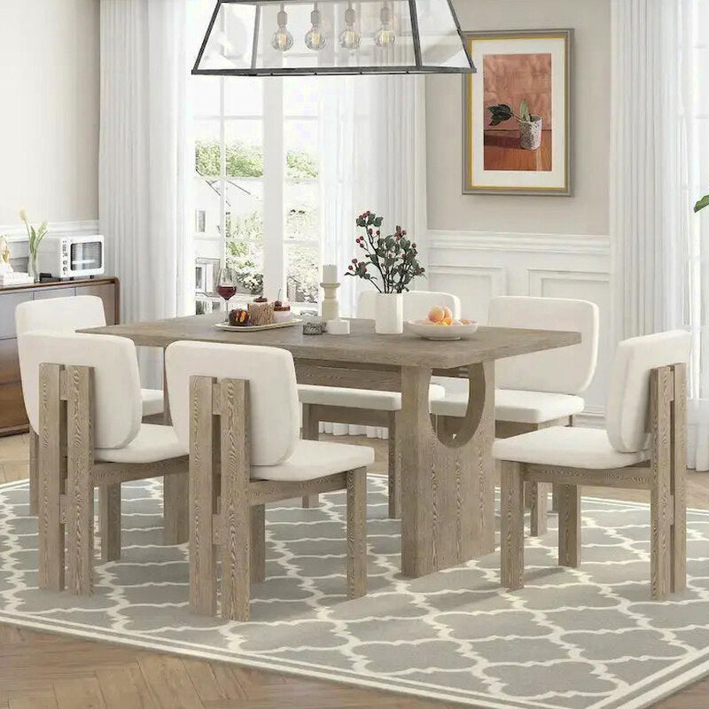 7-Piece Solid Wood Dining Set With Trestle-Base Rectangular Table And 6 Upholstered Chairs