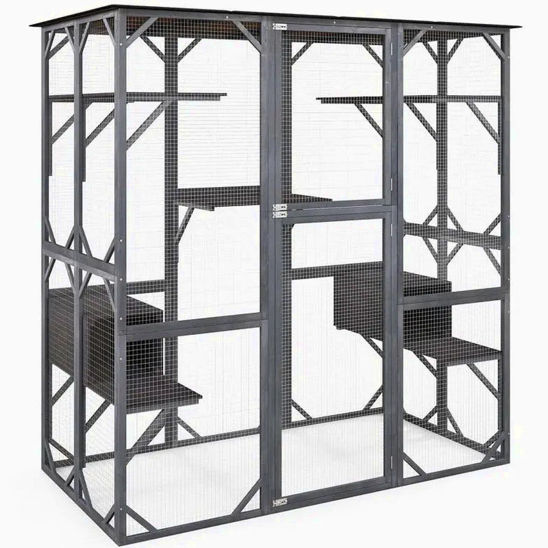 71-Inch Outdoor Wooden Catio Enclosure With 7 Platforms And 2 Condos - Grey