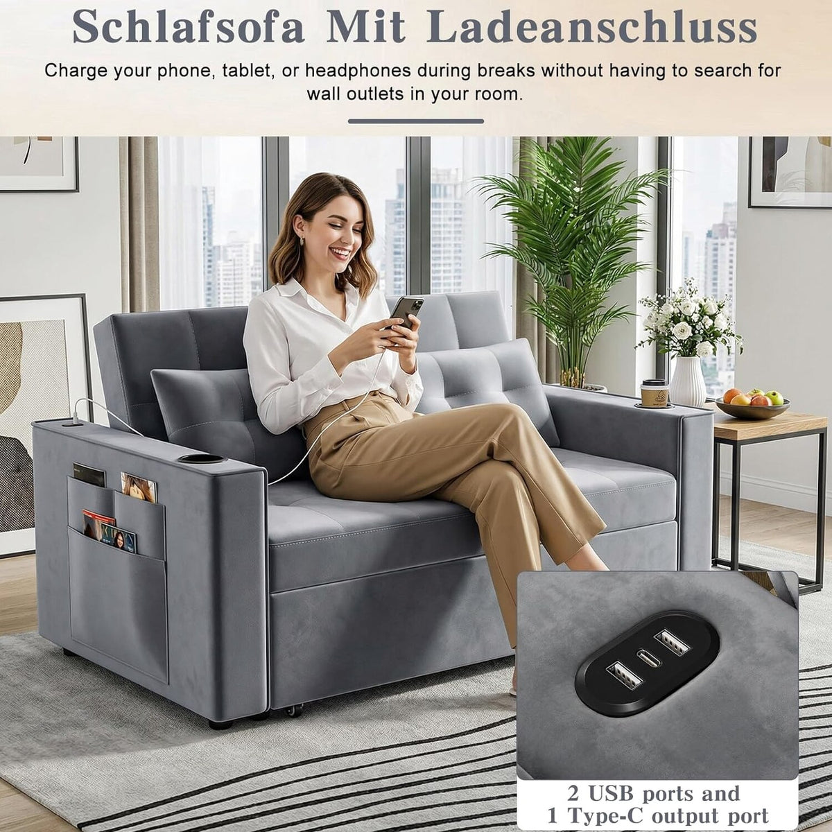 3-in-1 Pull-Out Sofa Bed With Charging Station, Cup Holder And Side Storage - 70in Grey
