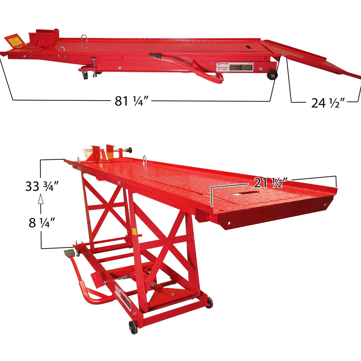 Hydraulic Motorcycle Lift Table 1,000 lb, 86.5 x 26.75 in Platform, 195mm-835mm Height, 26 in Ramp
