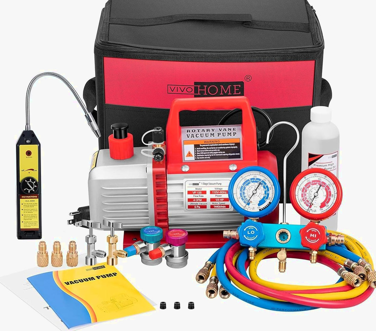 Single-Stage Rotary Vane Air Vacuum Pump With R134a AC Manifold Gauge Kit - 110V, 1/3 HP, 4 CFM