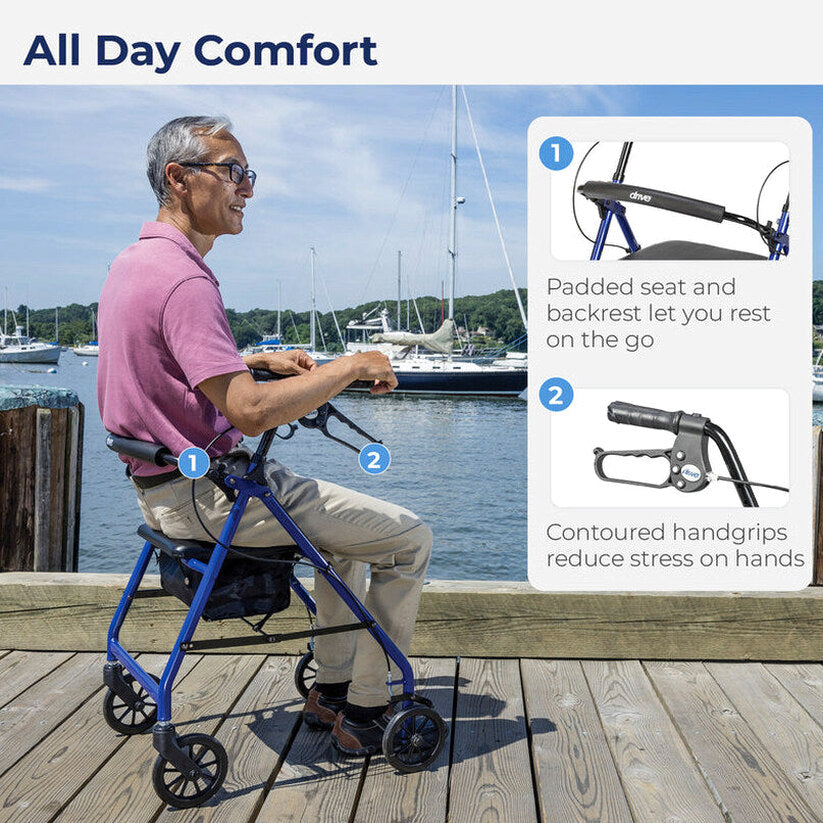 Drive Medical 4-Wheel Rollator Walker With Padded Seat, Backrest And 6-Inch Wheels - Blue