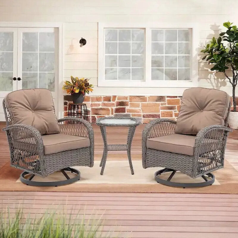 3-Piece Outdoor Swivel Rocker Conversation Set With Tempered Glass Coffee Table