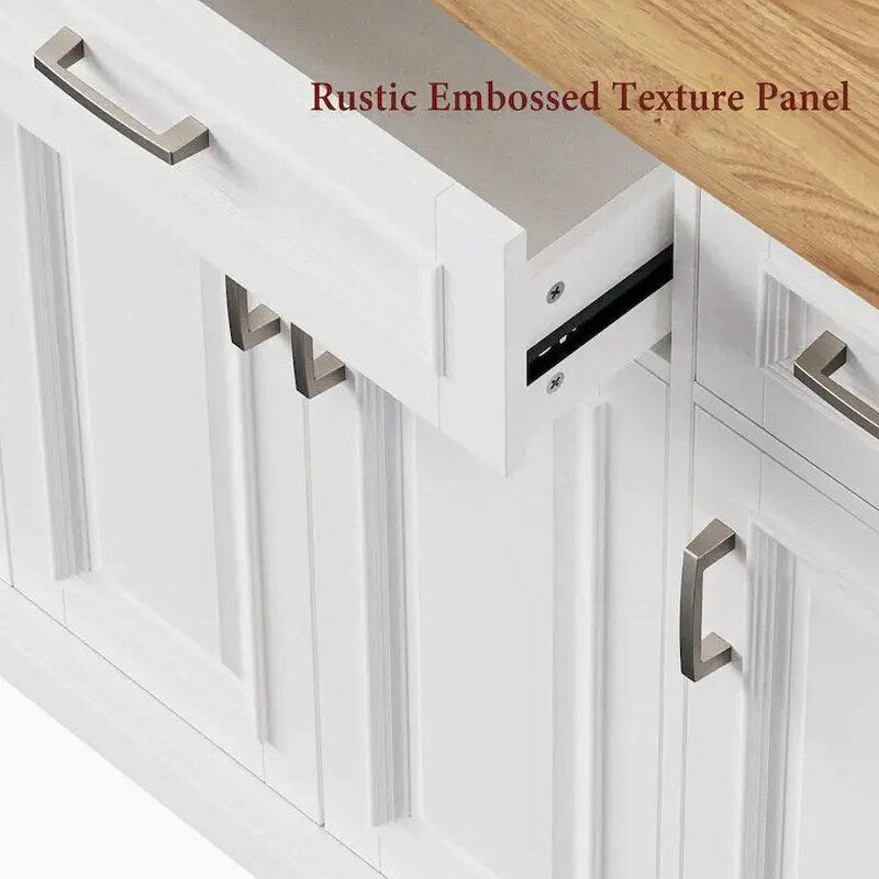 White Rolling Kitchen Island Cart With Drop-Leaf Wood Top, Embossed Finish, Doors And Drawers