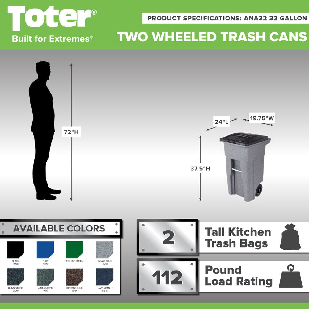 Toter 32 Gallon Greenstone Trash Can With Quiet Wheels And Attached Lid, 24.25 in D x 19.75 in W x 37.5 in H - ANA32-55410