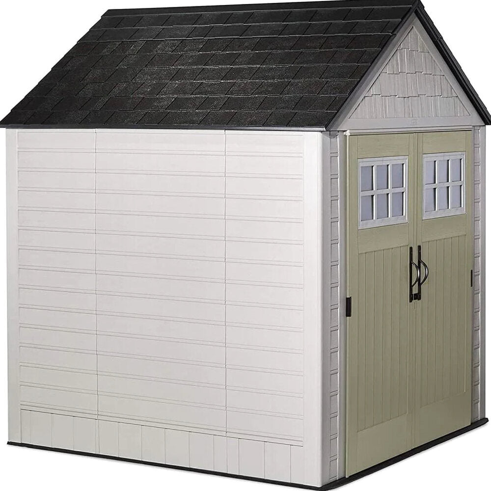 Rubbermaid Resin Outdoor Garden Storage Shed With Windows And Utility Hooks, Sand - 7x7 Ft
