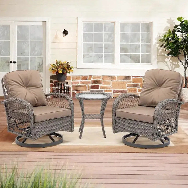 3-Piece Outdoor Swivel Rocker Conversation Set With Tempered Glass Coffee Table