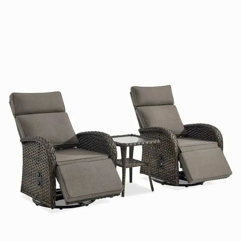 Pocassy 3-Piece Outdoor Recliner Set With Side Tables And Grey Cushions