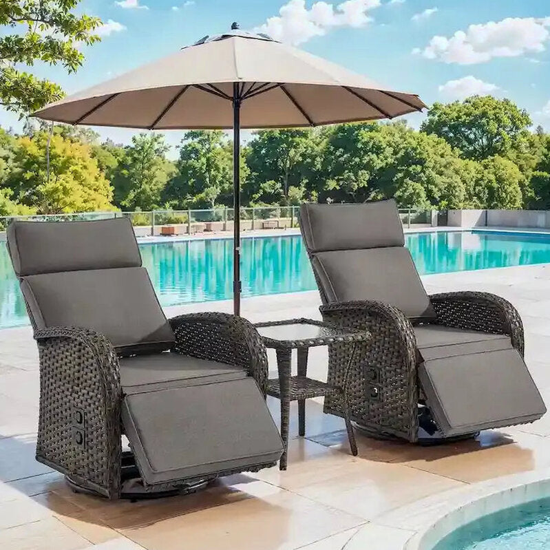 Pocassy 3-Piece Outdoor Recliner Set With Side Tables And Grey Cushions
