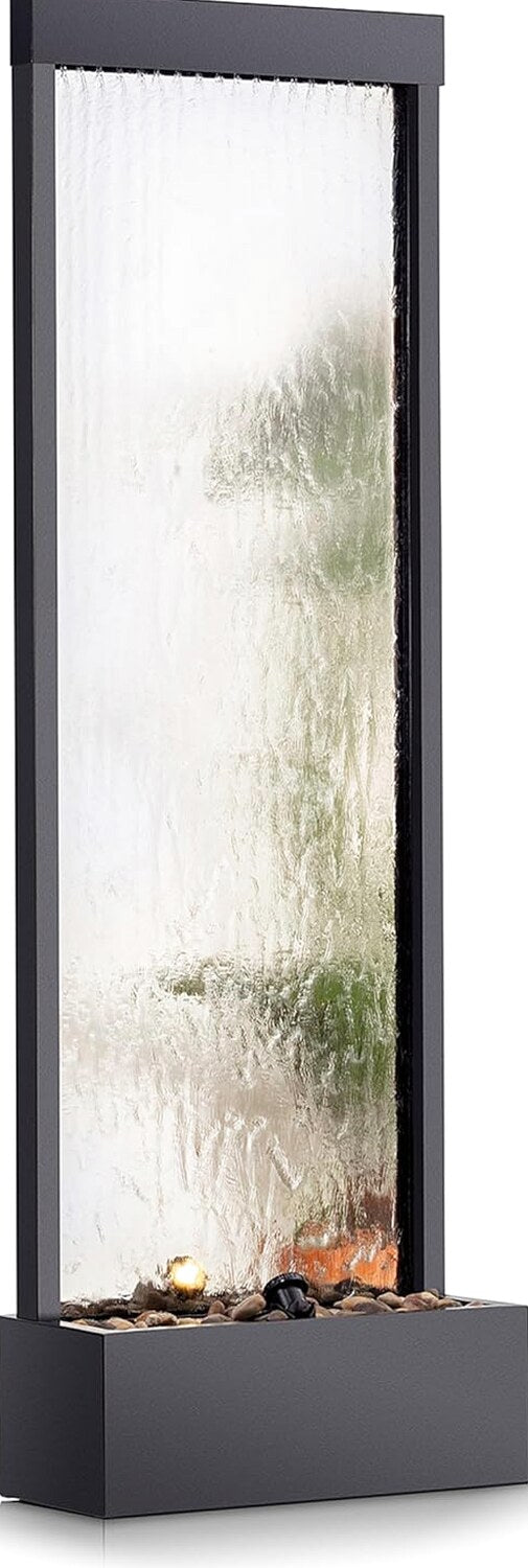 Alpine Corporation Wall-Mounted Mirror Waterfall Fountain With Stones And LED Lights, 24in L x 10in W x 72in H, Silver