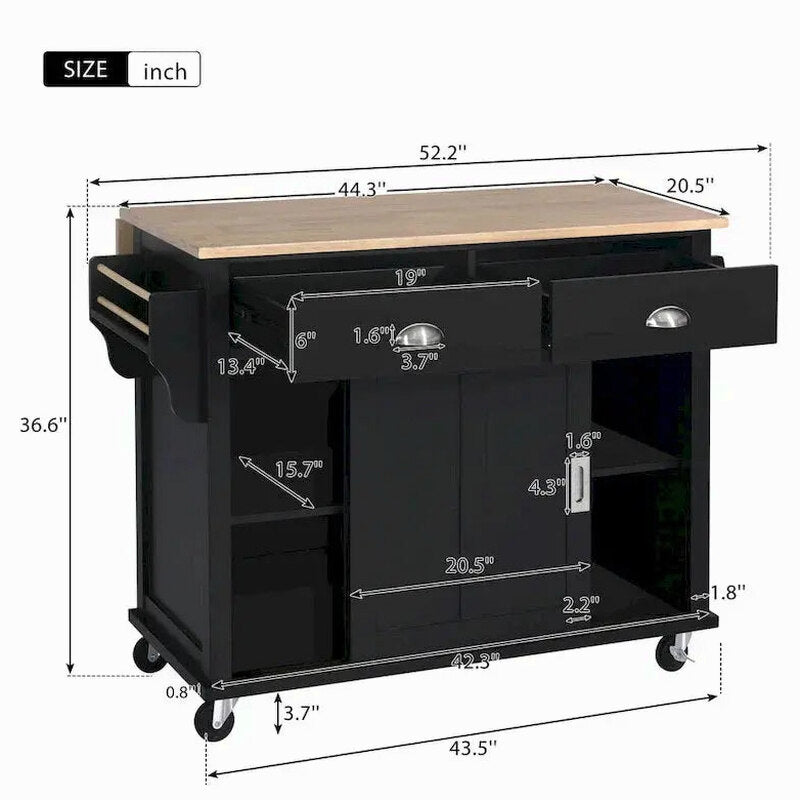Rubberwood Kitchen Island Cart With Drop-Leaf Countertop, Concealed Barn Door Storage And 4 Locking Casters - 52.2 x 30.5 x 36.6 Inches