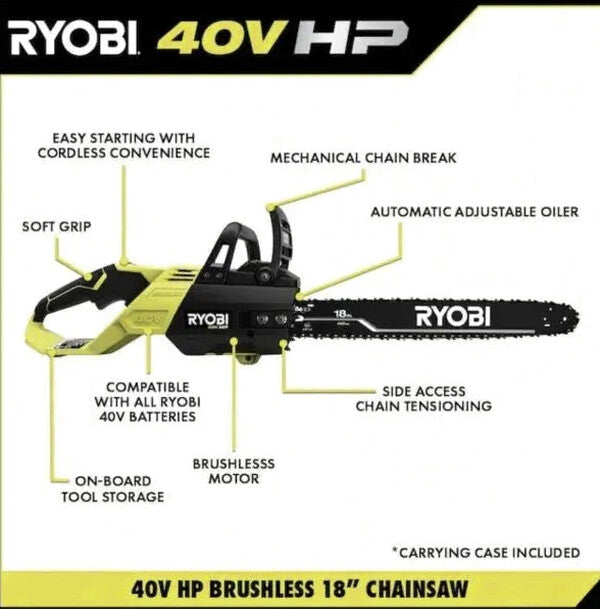 RYOBI 40V 18-Inch Cordless Chainsaw Kit With Battery And Charger - Green