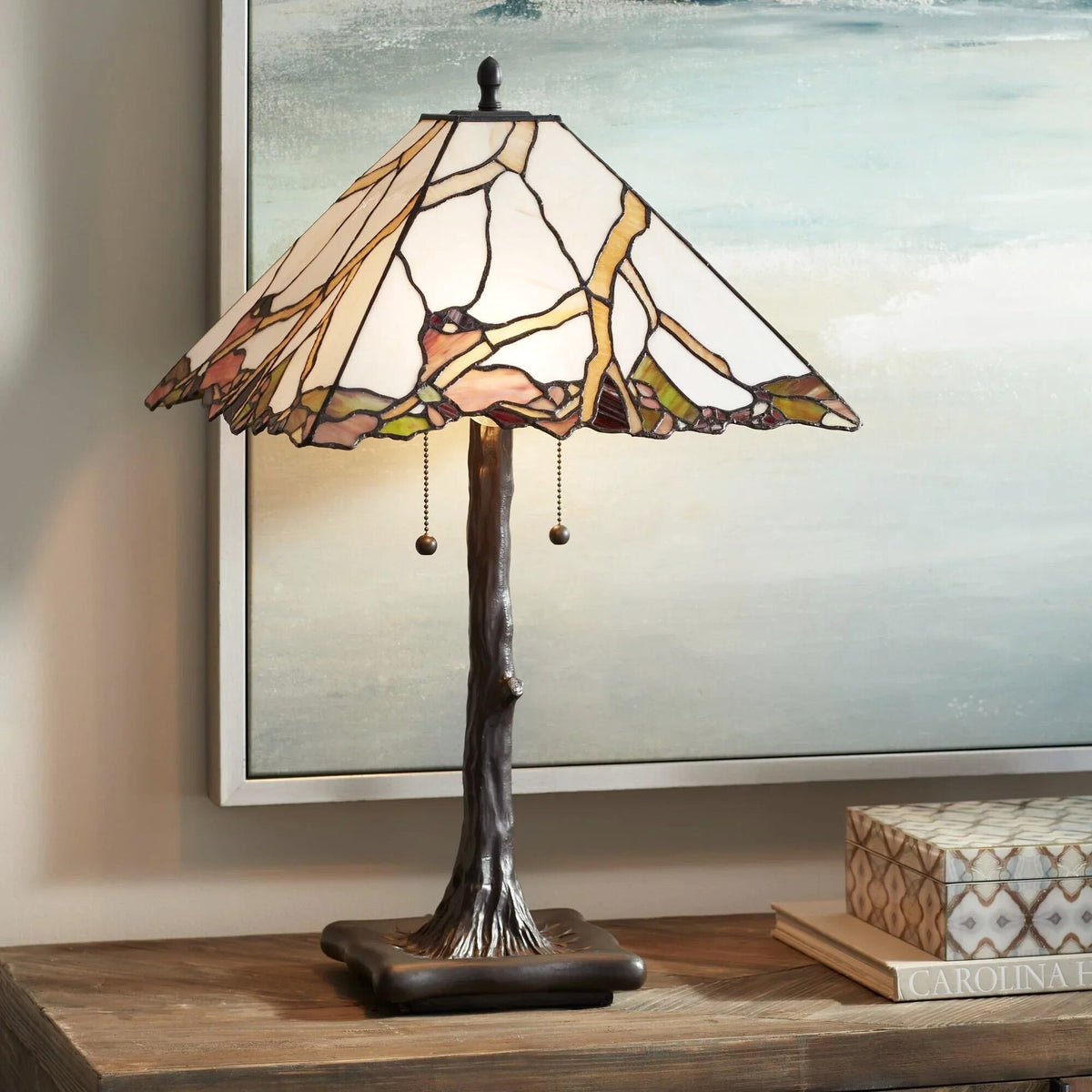 Robert Louis Tiffany Table Lamp 26 inch High Dark Bronze Cherry Blossom Stained Art Glass Shade