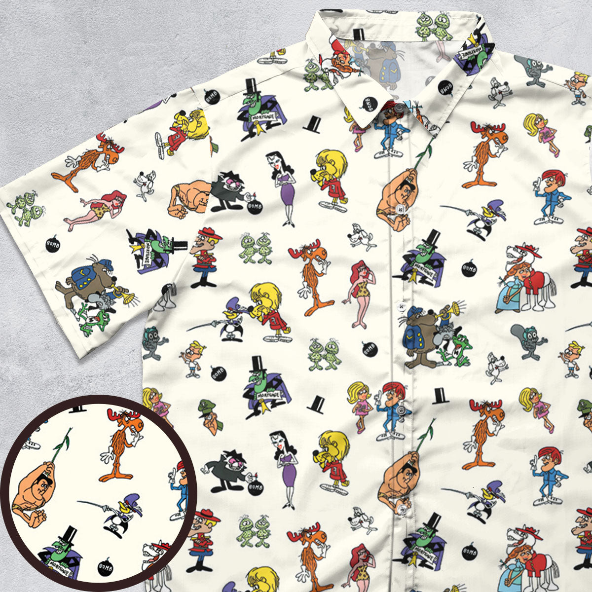 The Adventures of Rocky and Bullwinkle and Friends Characters Pattern Button Down Shirt