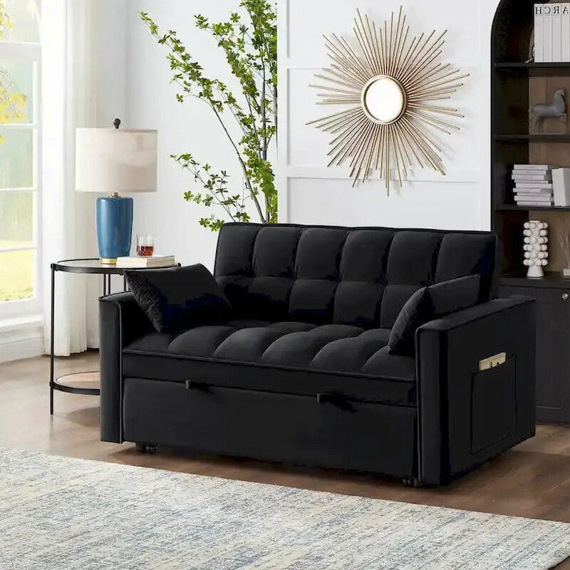 Velvet Pull-Out Sleeper Loveseat - Convertible Reclining Couch With Dual Side Storage Pockets