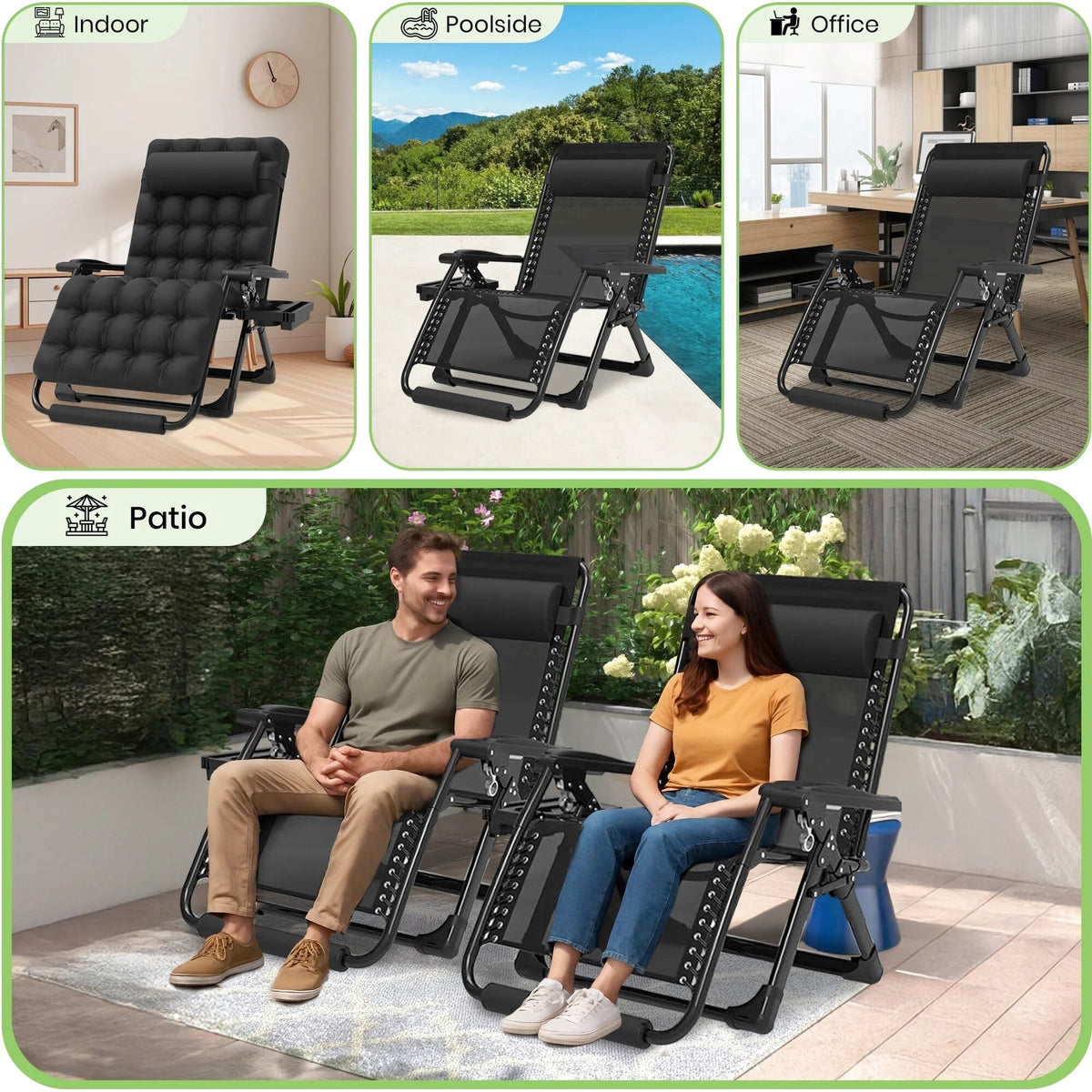 GVDV Zero Gravity Lounge Chair With Cushion And Cup Holder, 31 in D x 33 in W x 45 in H, Black