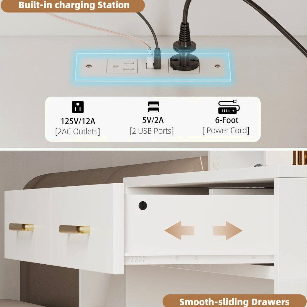 UGTOO LED Makeup Vanity Desk With Mirror, 58.27in, 10 Adjustable LED Bulbs, 8 Drawers, 2 Cabinets, White