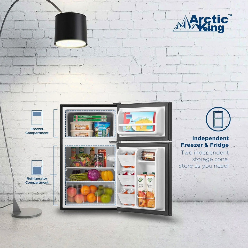 Arctic King Two-Door Mini Fridge With Freezer, 3.2 Cu. Ft., Stainless Steel