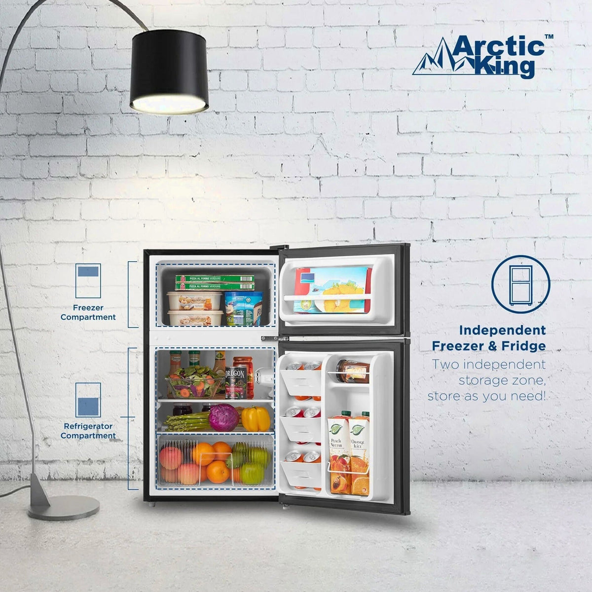 Arctic King Two-Door Mini Fridge With Freezer, 3.2 Cu. Ft., Stainless Steel