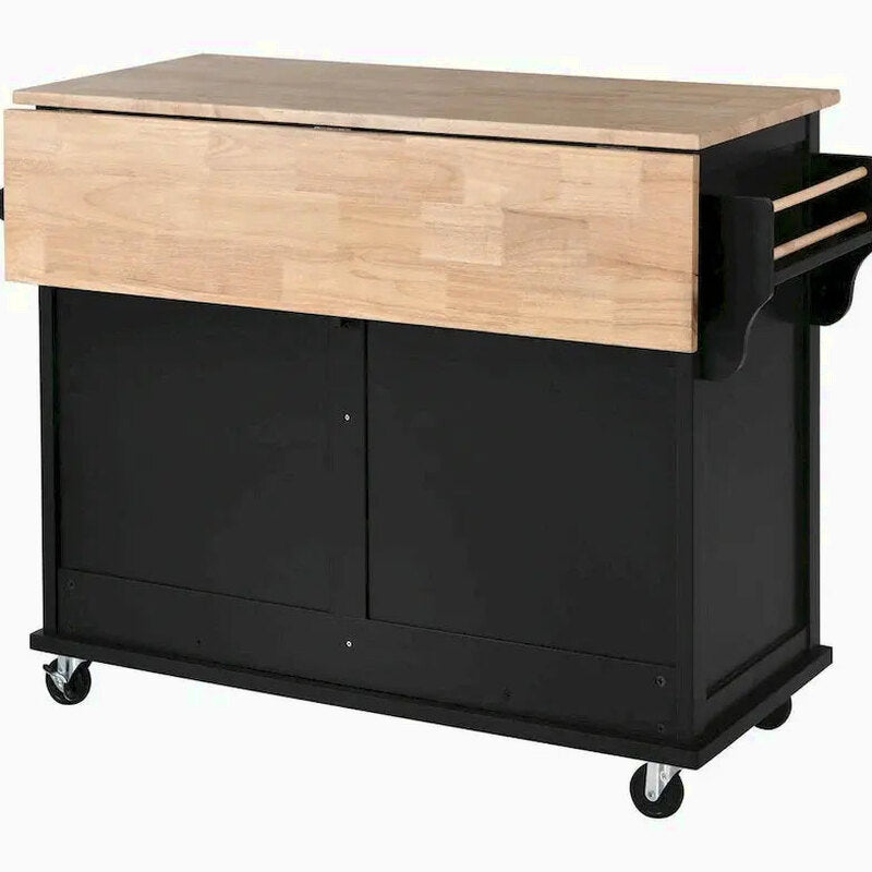 Rubberwood Kitchen Island Cart With Drop-Leaf Countertop, Concealed Barn Door Storage And 4 Locking Casters - 52.2 x 30.5 x 36.6 Inches