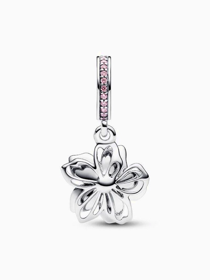 Pink Flower Dangle Charm - Sterling Silver