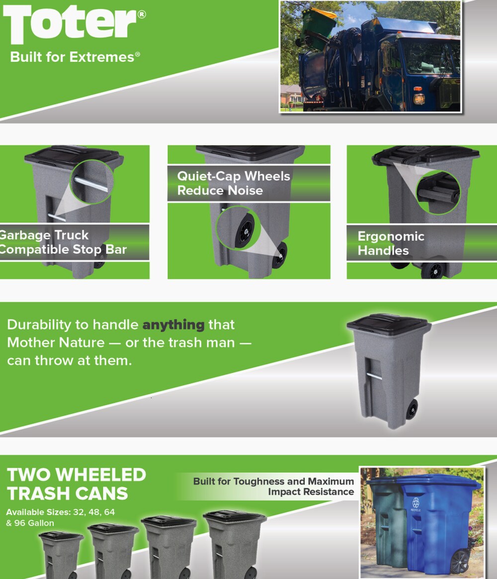 Toter 32 Gallon Greenstone Trash Can With Quiet Wheels And Attached Lid, 24.25 in D x 19.75 in W x 37.5 in H - ANA32-55410