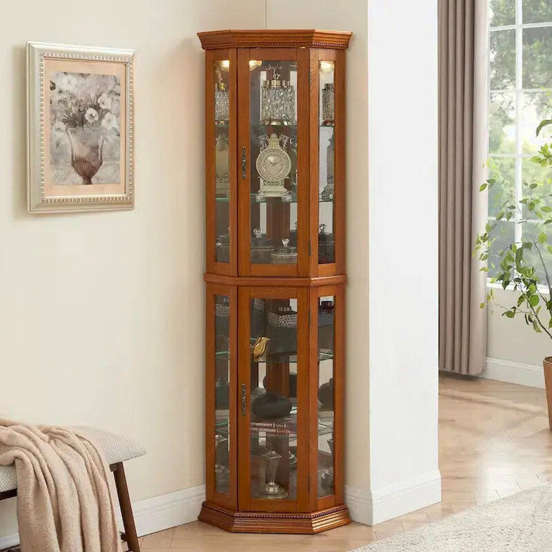 Corner Display Curio Cabinet With Tempered Glass Shelves, Mirrored Back And Built-In Lighting, 69.75H x 21.5W x 16D