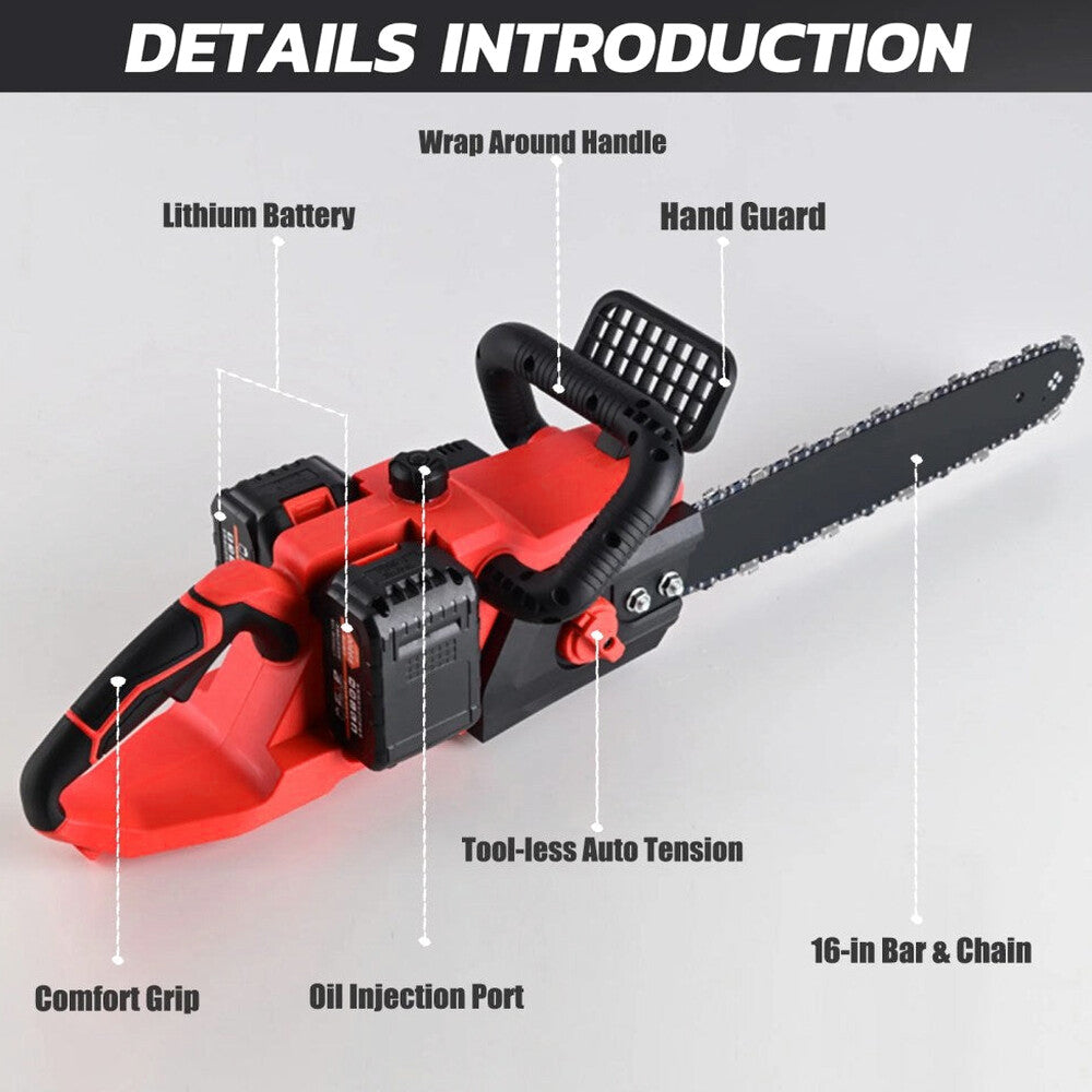 16 Inch 42V Brushless Cordless Chainsaw Kit, 1200W With 2x2000mAh Batteries And 2 Chains