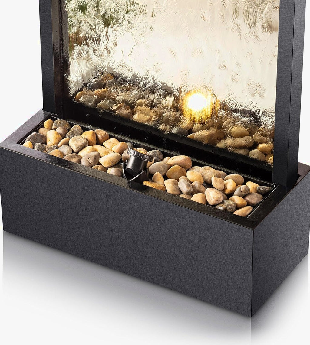 Alpine Corporation Wall-Mounted Mirror Waterfall Fountain With Stones And LED Lights, 24in L x 10in W x 72in H, Silver
