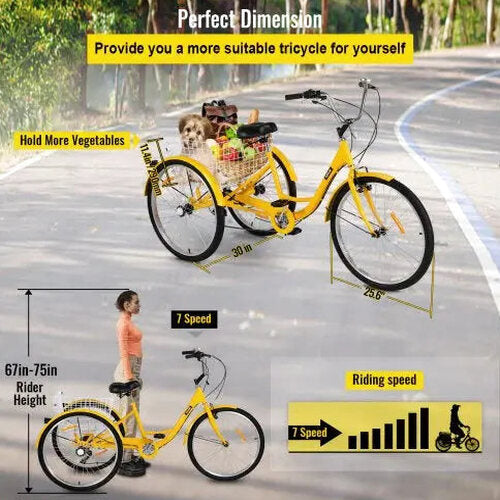 Adult 26-Inch 7-Speed Cruiser Tricycle With Front Basket And Comfort Saddle - Yellow