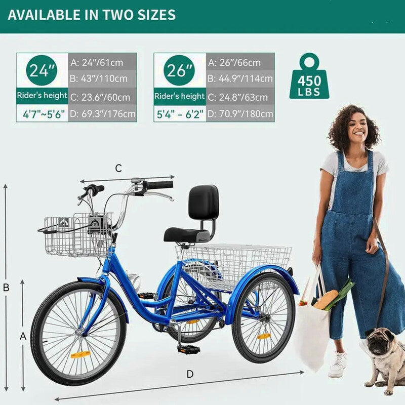 Adult 3-Wheel Pedal Tricycle, 24 And 26 Inch, 7-Speed