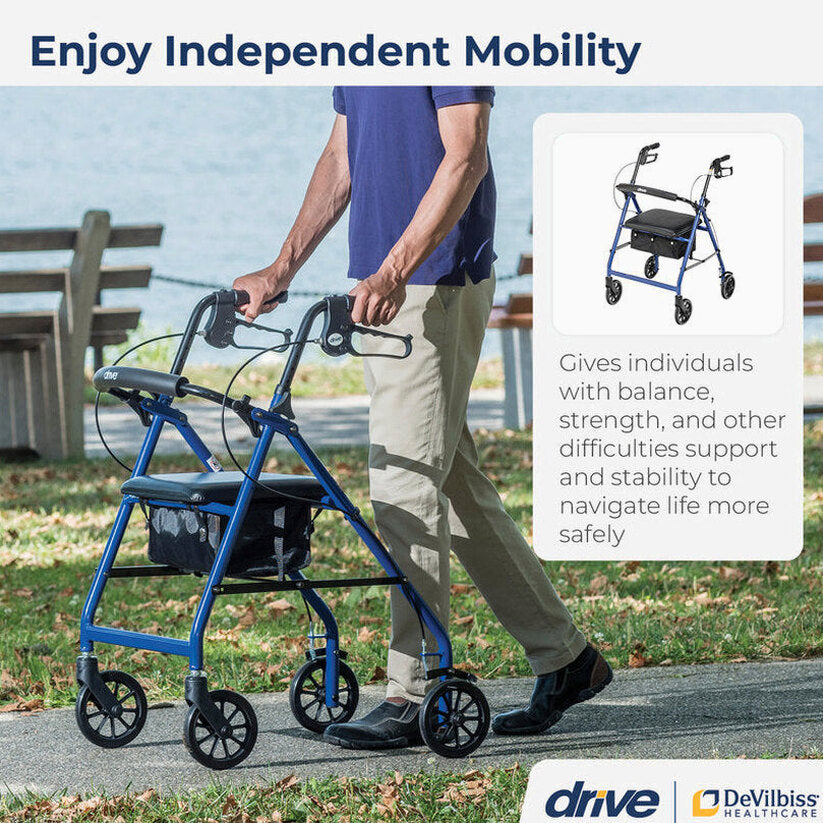 Drive Medical 4-Wheel Rollator Walker With Padded Seat, Backrest And 6-Inch Wheels - Blue