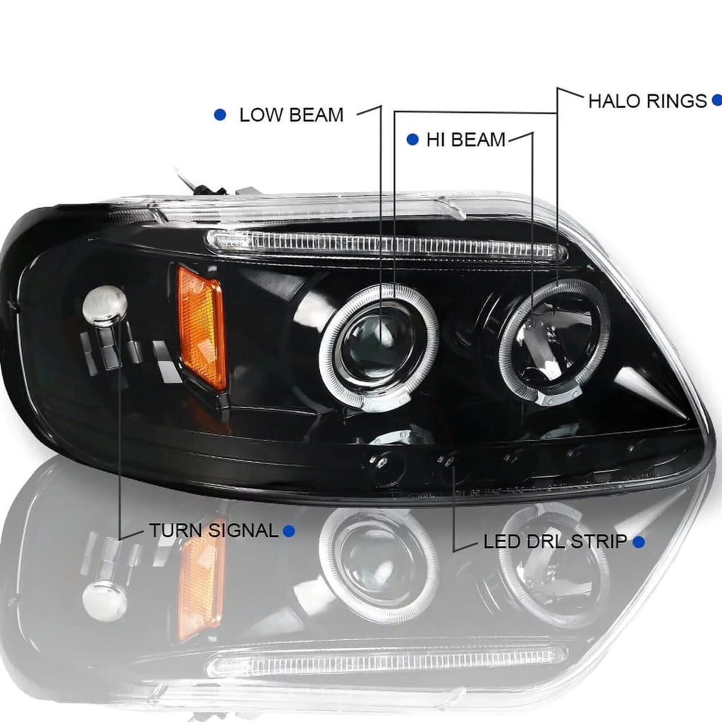 Spec-D Tuning Black LED Strip Projector Headlights With 6-LED Fog Lamps - Ford F150 Flareside 1997-2003, 04 Heritage