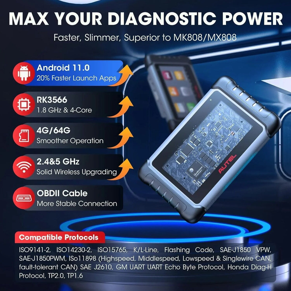 Autel MaxiCOM MK808S Automotive Diagnostic Scanner With 7-inch LCD Touchscreen