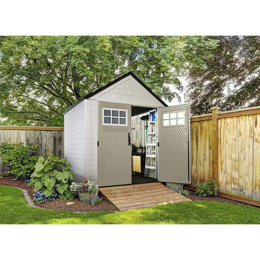 Rubbermaid Resin Outdoor Garden Storage Shed With Windows And Utility Hooks, Sand - 7x7 Ft